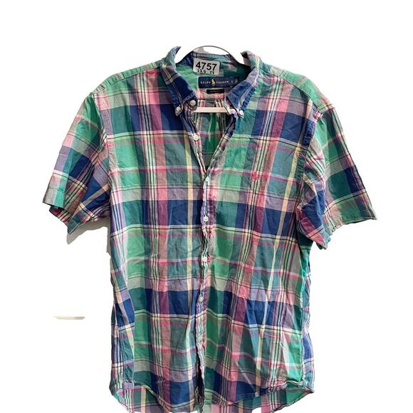 Ralph Lauren Women Blue Green Pink Blouse Shirt L Button Short Sleeve Custom Fit - Picture 1 of 4